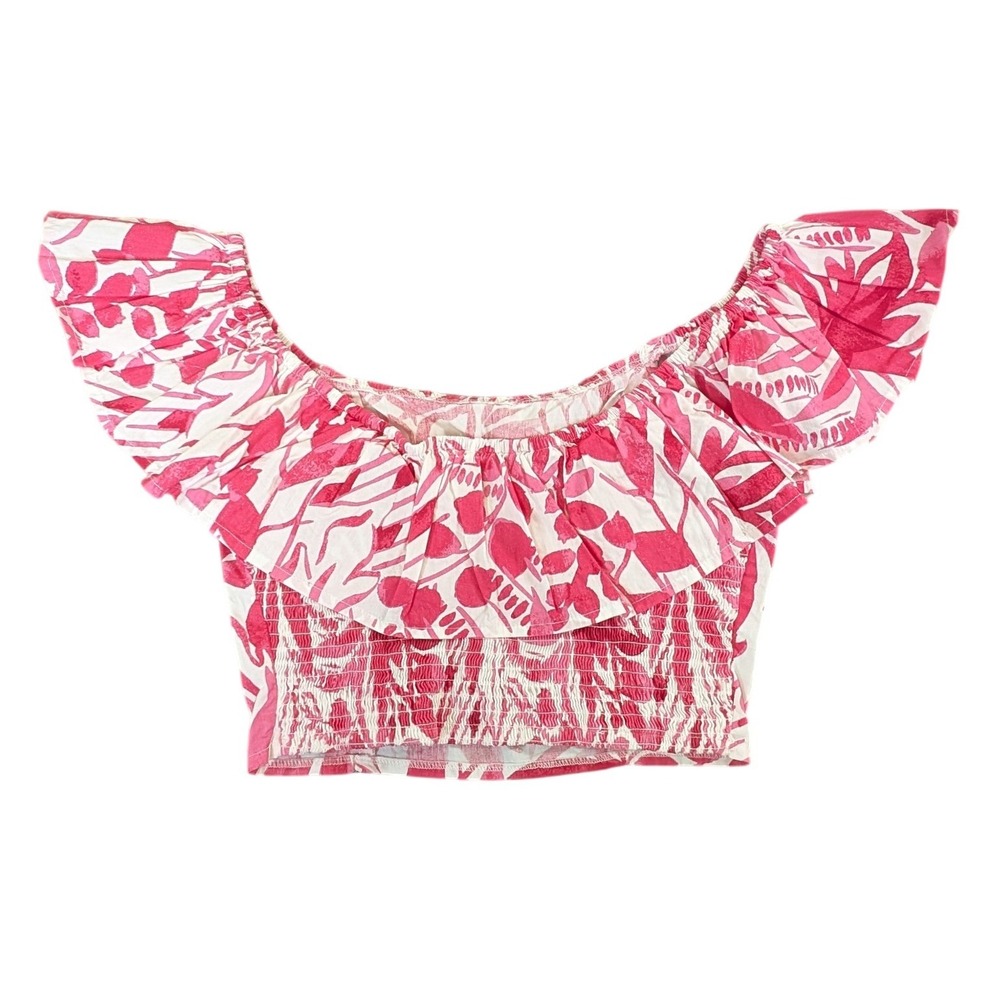 Japna Small Pink White Floral Smocked Off Shoulder Crop Top Blouse Tropical Boho